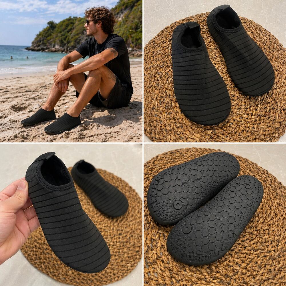 Mens Water Shoes Quick Dry Aqua Socks Beach 38/39Swim Slip On Lightweight Black